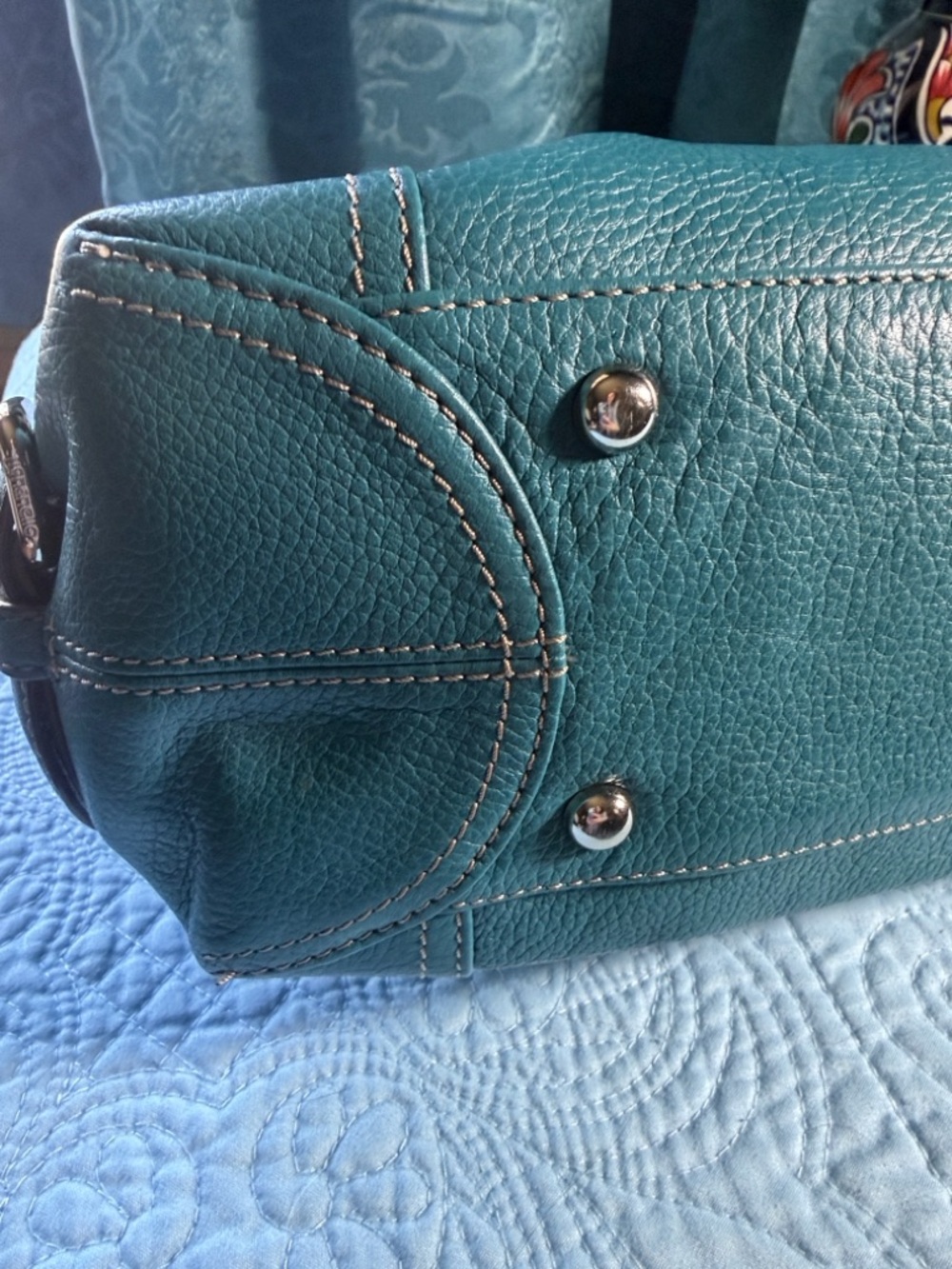 Teal Leather Satchel Handbag 14x8 - Picture 6 of 9